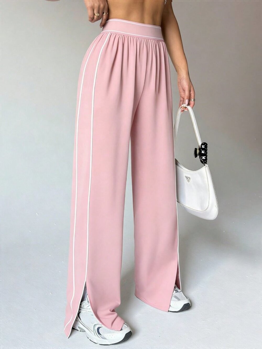Pink Loose Fit Women's Sweatpants with Pockets, High Waist, Stripe Detail
